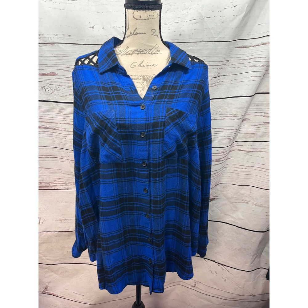 Torrid Blue Black Plaid Flannel Lattice Shoulder Button Down Shirt Plus Size 2x